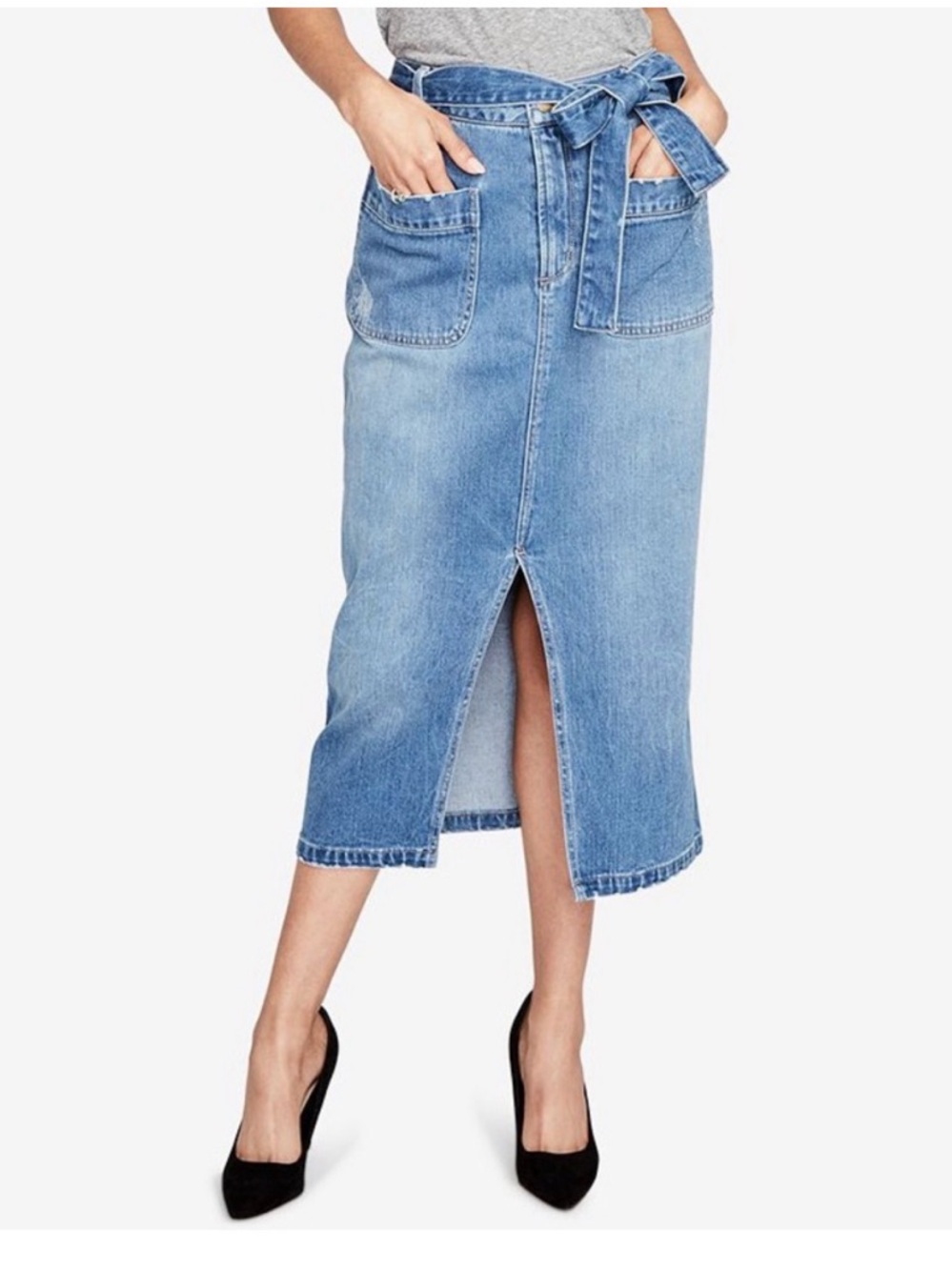 RACHEL Rachel Roy Light Blue Denim Midi Skirt with Front Slit